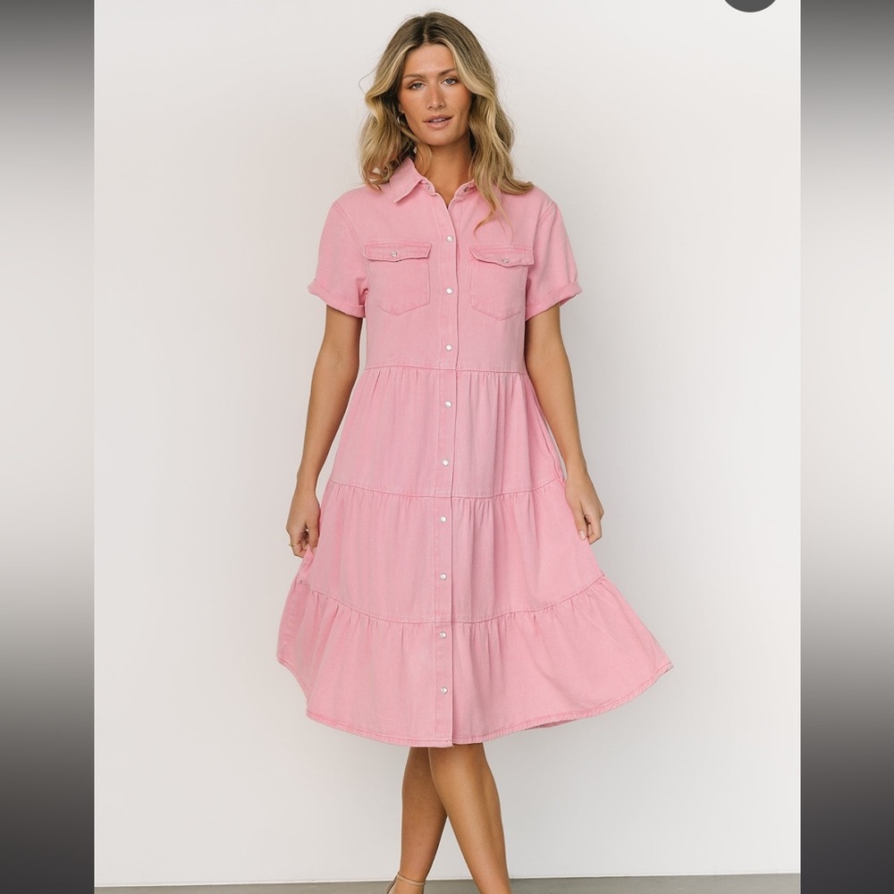 Baltic born pink denim snap tiered dress